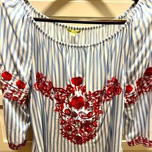 Blue and White striped off shoulder silk top with Red embroidery!  Size M